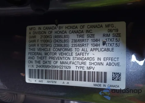 2019 Honda Cr-V Lx z USA, uszkodzony, nr VIN 2HKRW6H35KH221929